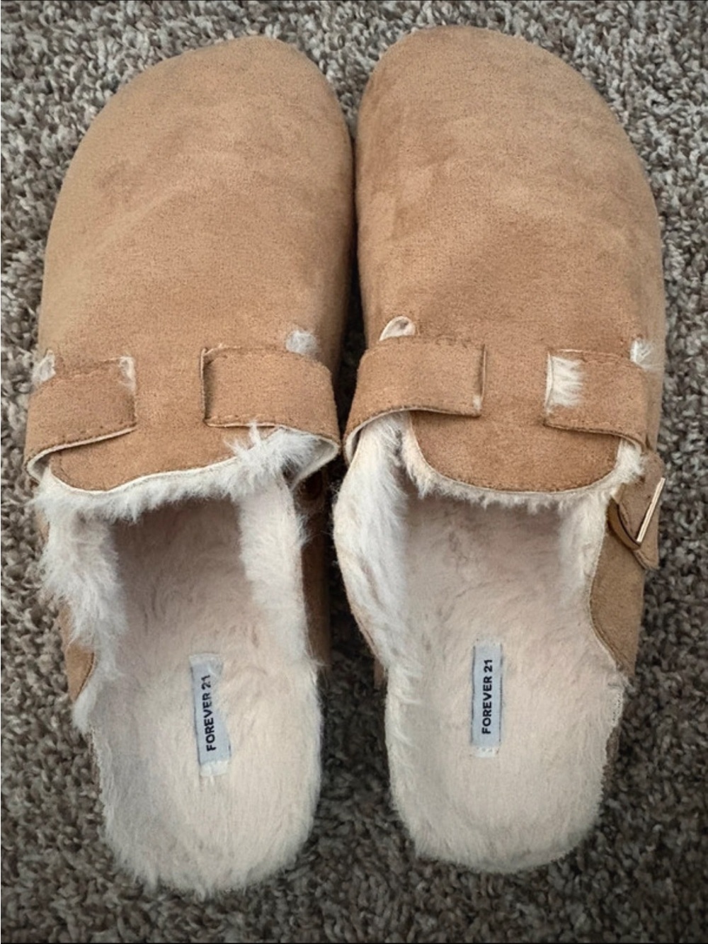 Forever 21 Tan Faux Suede Faux Fur Slip-On Clogs